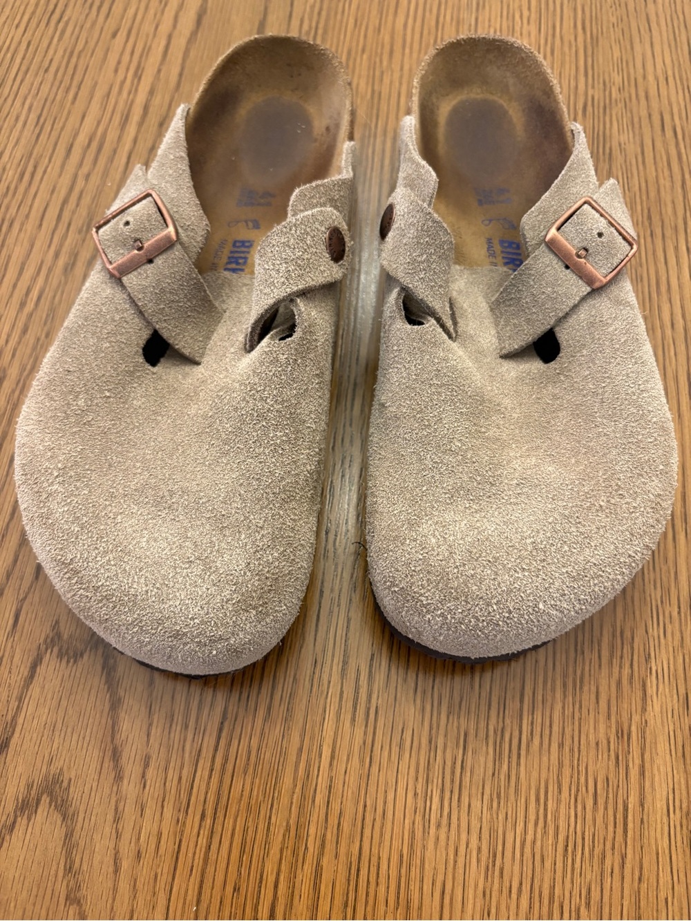 Birkenstock Suede Clogs in Taupe Beige with Copper Buckles